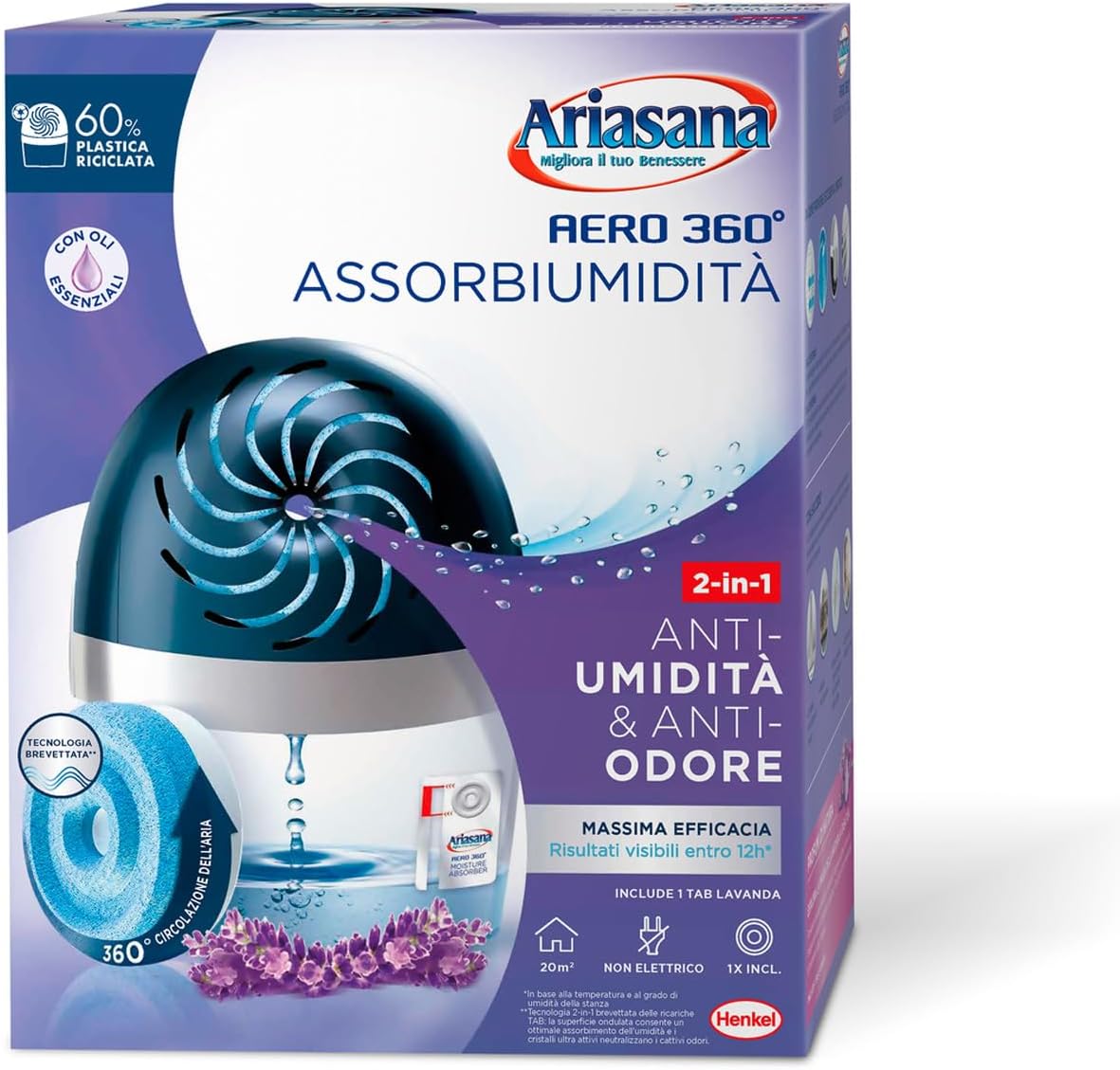Ariasana Aero 360 Kit Assorbiumidità Lavanda anti umidità e anti odore con dispositivo incluso CleanovaShop.it by Detercava