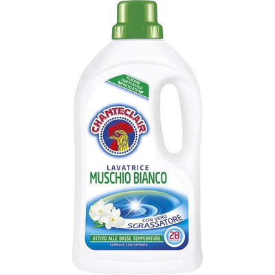 Flacone Chanteclair Lavatrice Muschio Bianco da 28 lavaggi con etichetta blu e logo del gallo.