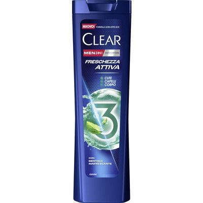 Clear Men 3in1 Freschezza Attiva Shampoo 225ml - Formula 3in1 capelli, cute e corpo con mentolo rinfrescante, anti-forfora e freschezza intensa
