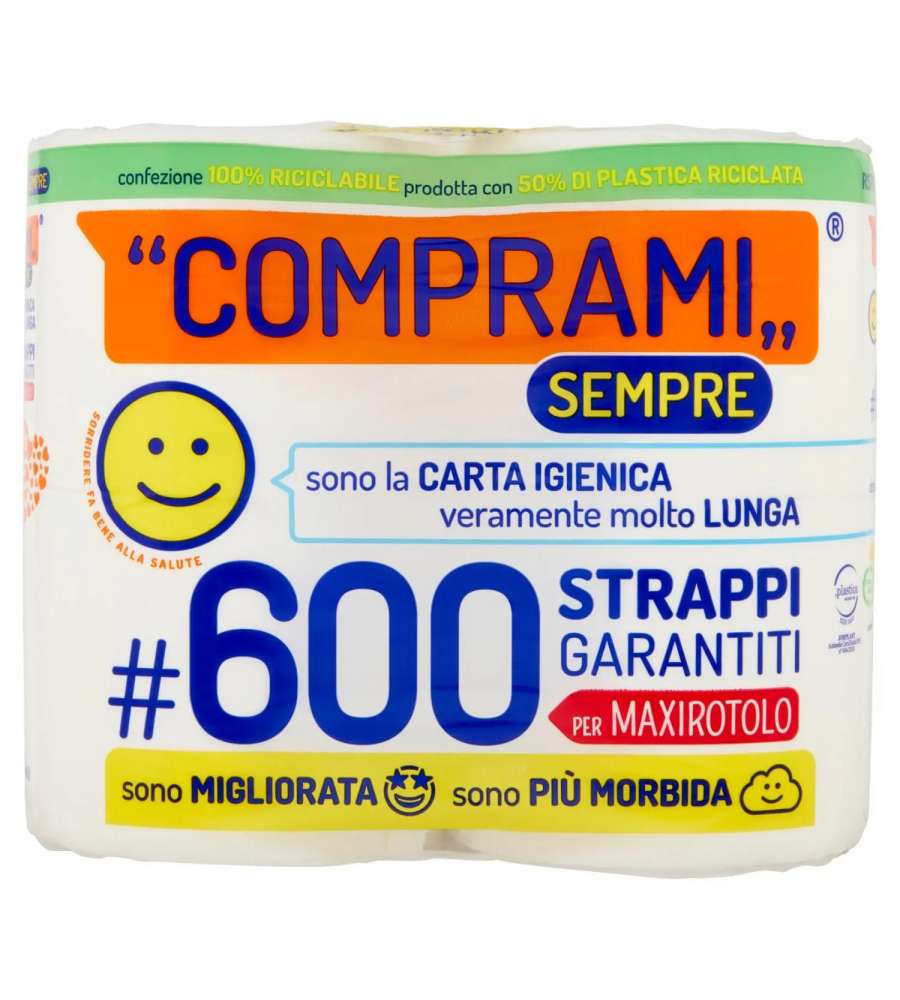 "Comprami" Carta Igienica 4 Maxi Rotoli - 600 strappi garantiti per maxirotolo, morbida, lunga e confezione eco-friendly 100% riciclabile
