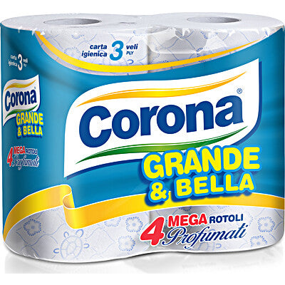 Corona Grande & Bella Carta Igienica 4 Mega Rotoli Profumati - 3 veli soffici e resistenti per freschezza e morbidezza in bagno