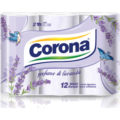 Corona Carta Igienica Profumo di Lavanda 12 Maxi Rotoli - 2 veli pura cellulosa con profumazione rilassante per freschezza e benessere in bagno
