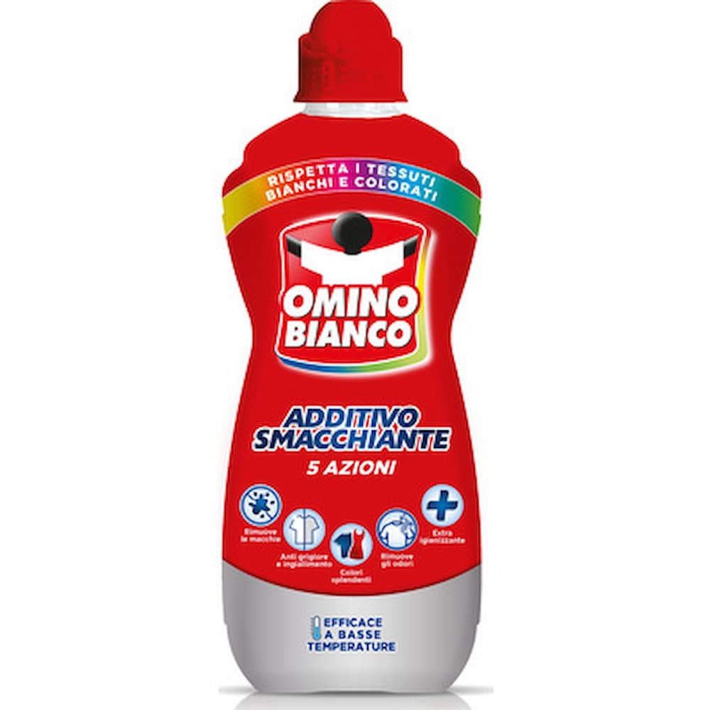 Omino Bianco additivo smacchiante gel 900ml 5 azioni per bucato bianco e colorato