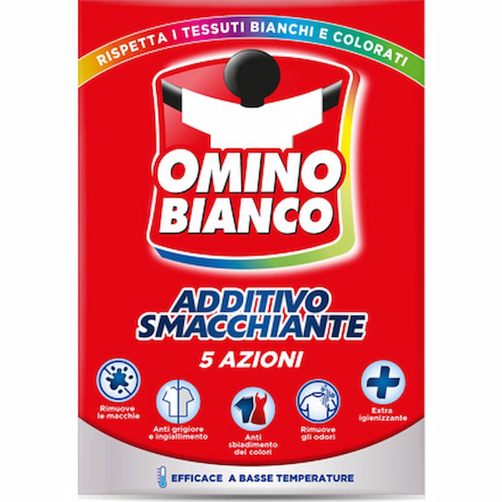 Omino Bianco Additivo Smacchiante Gel 900ml – Smacchiatore 5 Azioni per Tessuti Bianchi e Colorati